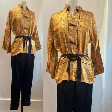 Vintage 60s SILK LOUNGE Set / Hostess Pajamas / Gold Jacket + Pockets + Frog Closure + Tie / Tie Waist Pants with Ankle Frog Closure 