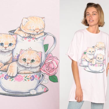 90s Cat Shirt Teacup Kitten Shirt Graphic Tee Vintage Shirt 90s Tshirt Retro T Shirt Print 1990s Animal Shirt Baby Pink Small Medium Large 