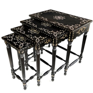 Rare Set of 4 Anglo Indian Ebonized Wood and Bone Inlay Nesting Tables