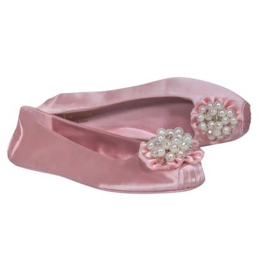 Kate Spade - Baby Pink Satin Ballet Flats w/ Ruffled, Faux Pearl & Crystal Embellishments Sz 9.5