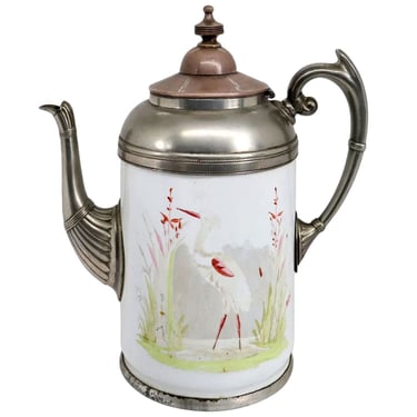 1880's Antique Manning, Bowman & Co. Pewter Enamelware Trimmed Graniteware Heron Bird Coffee Tea Water Pot Aesthetic Movement 