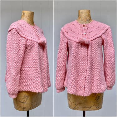Vintage 1950s Pink Knit Bed Jacket, 50s Acrylic Swing Cardigan, Crochet Folk Sweater, Medium - Large 