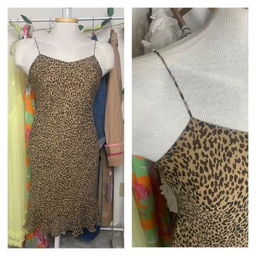 Vintage 2000s Y2K Ann Taylor Leopard Print Slip Dress with Ruffle Hem - Size Small - Animal Print Slip Dress 