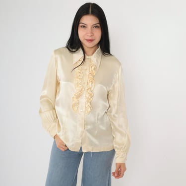 Vintage 70s Cream Satin Blouse Tuxedo Ruffle Button Up Top Dagger Collar Formal Party Shirt Victorian Long Sleeve 1970s Medium M 