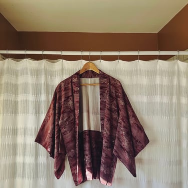 Vintage Silk Kimono Robe, Burgundy Cream Silk Haori Duster Jacket, Bohemian Kimono Cardigan 