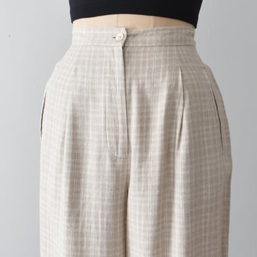 vintage linen check print trouser, 90s natural high waist pants 