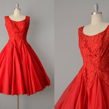 1950s Red Party Dress with Lace and Sequins and Very Full Skirt / Size Small 