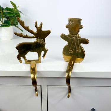 Vintage Christmas Stocking Hanger Reindeer and Snowman set, Stocking Holder, Christmas Shelf Hook, Christmas Hanger, Vintage Santa Stockings 