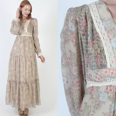 Romantic Bohemian Wedding Dress 70s Prairie Smocked Bodice Vintage Cottagecore Festival Maxi Gown 