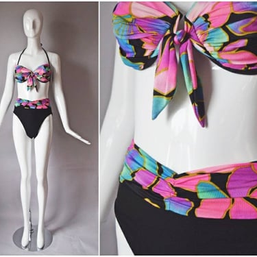 vtg 90s The Slim Suit black + neon pink rainbow floral print underwire bikini bra top swimwear | 1990s swimsuit swim beachwear resort 10 