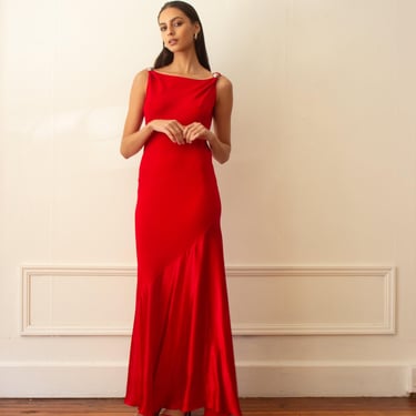 1980s Does 1930s Cherry Red Bias Cut Gown 