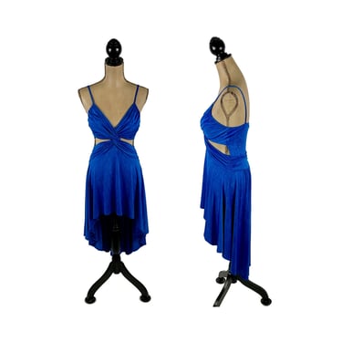 Y2K Electric Blue Dress Small, Spaghetti Strap Low Cut Bare Midriff Fit & Flare, Cocktail Party Salsa Disco Club 2000s Clothes Women Vintage 