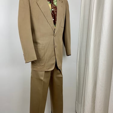1940's-50's Gabardine Suit - Putty Color - 2 Button Jacket Closure - Ventless Back - Pleated Baggies w/Cuffs  - Men's Size Medium to Large 