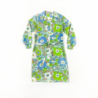 1960s / 1970s Blue and Green Shirtdress / Shift Dress / Tie Waist / Matching Belt / Floral / Psychedelic / Printed Polyester / M / L / Mod 