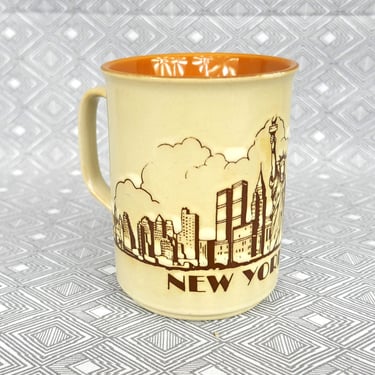 80s New York City Skyline Mug - Brown Stoneware - NYC Tourist Souvenir - Vintage 1980s Coffee Cup 