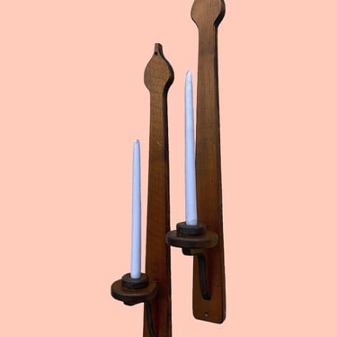 Vintage Candlestick Wall Sconces Retro 1970s Mid Century Modern + Brown Wood + 30