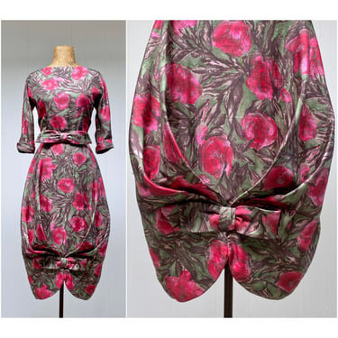 Vintage 1950s Floral Silk Bubble Dress, 50s Dramatic Tailored Cocktail Dress by Murray Schneider, Mid-Century Frock, Small 34