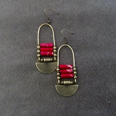 Imperial jasper earrings, cranberry tribal chandelier earrings, unique ethnic earrings, modern Afrocentric earrings, boho chic earrings 
