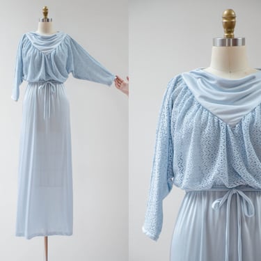 long powder blue dress | 70s vintage pastel blue shawl neck crochet lace flowy floor length maxi dress gown 