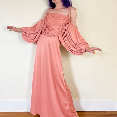 70’s Paraphernalia Salmon Coral Slinky Silky Draped Poet Sleeve Off the Shoulder Ethereal Maxi Dress