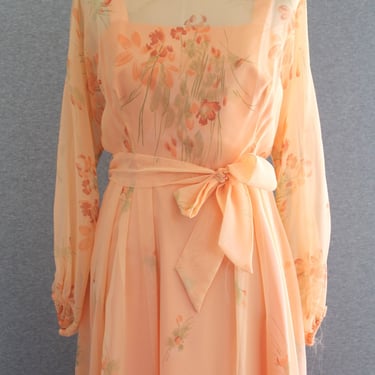 1970s - Sheer Organza  - Peach - Party dress - Mid Century Mod - Estimated size M 