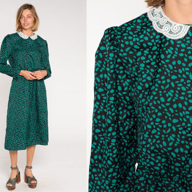 Lace Collar Dress 80s Midi Dress Black Green Pebble Dot Print High Waist Secretary Long Puff Sleeve Grandma Day Vintage 1980s Medium 