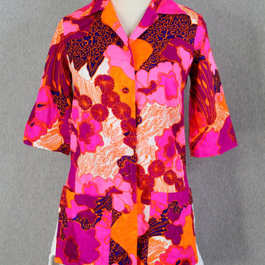 1960s 1970s | Paradise Hawaii Neon Pink Shirt - Tropical, Tiki Shirt - Coral Reef - Resort Wear, Summer Vacation - Hawaiian Luau Shirt 