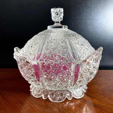 Large, Vintage Fenton, Pressed Clear Glass Candy Dish - 8 Panel Dome Lid, Daisy and Button pattern, Scallop and Ruffle Edges, Bon Bon Keeper 
