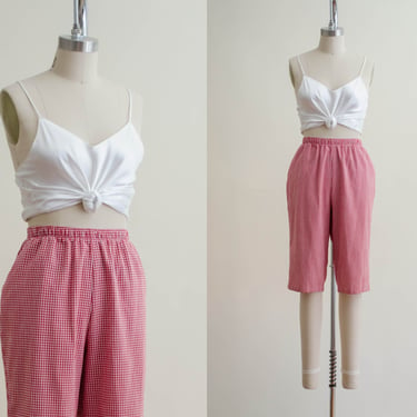 high waisted shorts | 90s plus size vintage red and white gingham plaid capris knee length shorts 