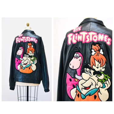 80s 90s Vintage Mens Black Leather Jacket Flinstones Cartoon Hanna Barbera Jacket Black XXXL Montana Toons Vintage Comic Leather Jacket 