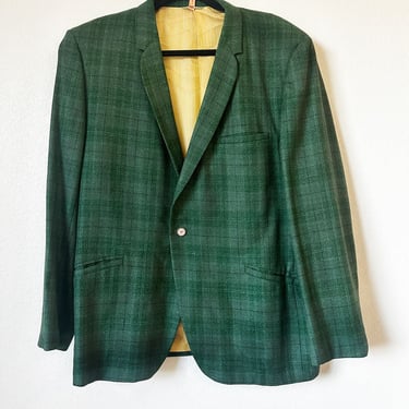 60's Men's Green Wool Sport Coat, Suit Jacket, 1960's, 1950's, 45" Chest, Plaid, Vintage, Mod, Single Button, Mid Century 