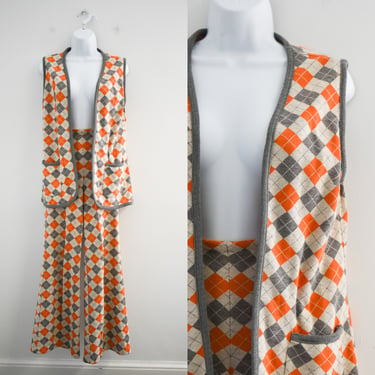 1970s Orange and Gray Argyle Knit Vest and Bell Bottoms 