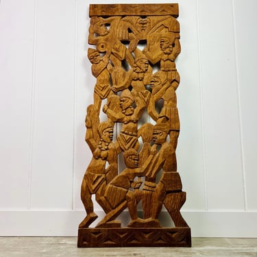 Large Vintage African Panel Wall Art 44" x 17.5" Hand Carved Solid Wood Depicting Musician + Dancing Women, Tribal Wall Art, Mid Century 