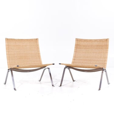 Poul Kjaerholm for Fritz Hansen PK22 Mid Century Wicker and Steel Lounge Chairs - Pair - mcm 