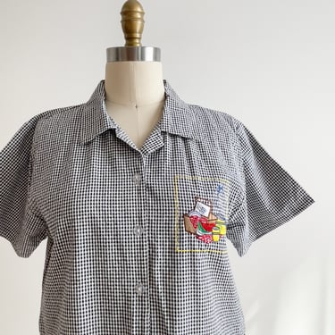 cute cottagecore blouse 90s vintage black white plaid picnic novelty embroidered shirt 