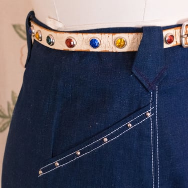 1950s Belt - Vintage 50s Jeweled Studded White Rockabilly Western Belt with Blue, Gold, Green and Red Rhinestones 