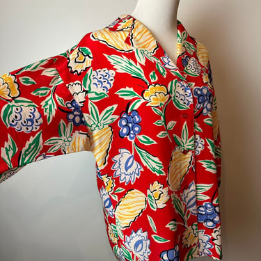 80’s-90’s Oleg Cassini 100% Silk blouse~ colorful fruit & floral shapes~ boxy oversized M/L 