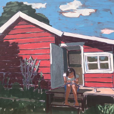 Woman on Porch #3 - Original Acrylic Painting on Canvas 40 x 30, large, cabin, reading, sunlit, summer, michael van, fine art, figurative 