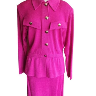 Vintage 80s St John Knit Skirt Suit Hot Pink Santana Wool Blend 