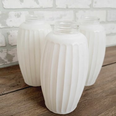 RESERVED FOR JENNIFER Vintage Set of 3 Glass Frosted White Ribbed Threaded Tension Pole/Lamp Shades 