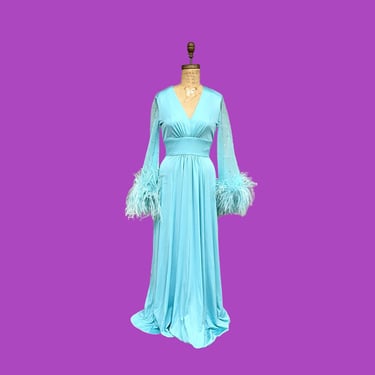 Vintage Dress Retro 1970s The Gilberts for Tally + Union Made + Baby Blue + Ostrich Feathers + Floor Length + Evening Gown + Womens Apparel 