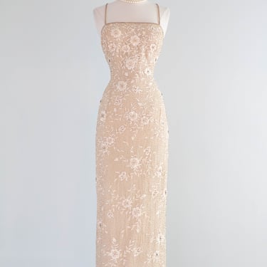 Dreamy Vintage Beaded and Embroidered Champagne Silk Chiffon Bridal Gown / ML