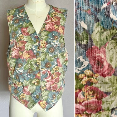 Floral Denim Vest, Button Down Front, Metal Buttons, Sleeveless Top, Vintage 90s 00s 