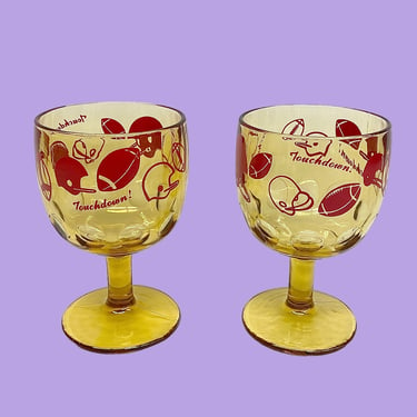 Vintage Beer Goblets Retro 1960s Mid Century Modern + Yellow Glass + Red Football Design + Set of 2 + Touchdown + Drinking + Sports Barware 