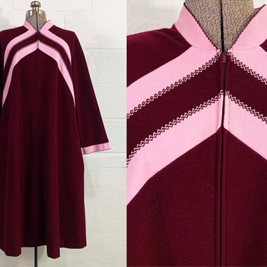 Vintage Soft Burgundy Robe Zip Front Midi Long Sleeve Vassarette 1970s 1960s Chevron Stripe Costume Halloween Pink Pajamas Housecoat XL 1X 