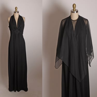 1970s Black Sleeveless Full Length Maxi Formal Cocktail Dress with Matching Sheer Cape by San Gabriel -M 