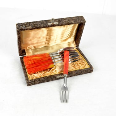 6 cake forks with Catalin handle 30s 40s amber honey colors bakelite art deco vintage Katalin Faturan 