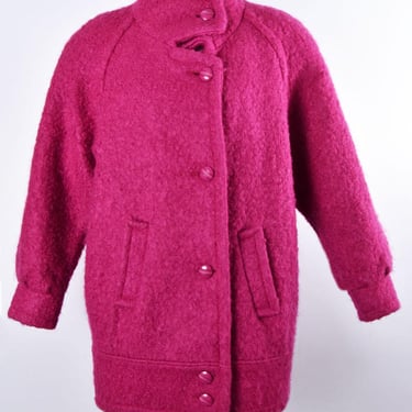 1980's Fuchsia Hot Pink Fuzzy Wool Coat by ALECTRA, Bright Pink Purple, size Medium, Vintage Overcoat 80's New Wave 