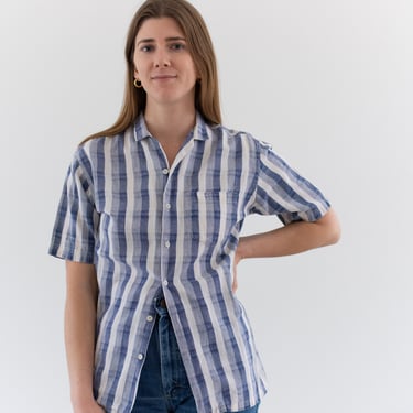 Vintage 70s Blue White Plaid Short Sleeve Blouse | Made in India | Summer Shirt | XS | 
