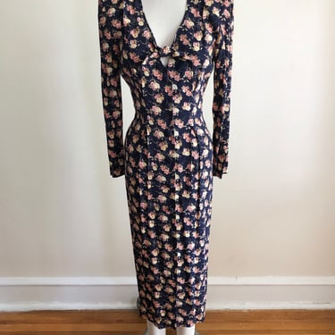 Navy and Pink Floral Print Midi Dress with Keyhole - 1980s 